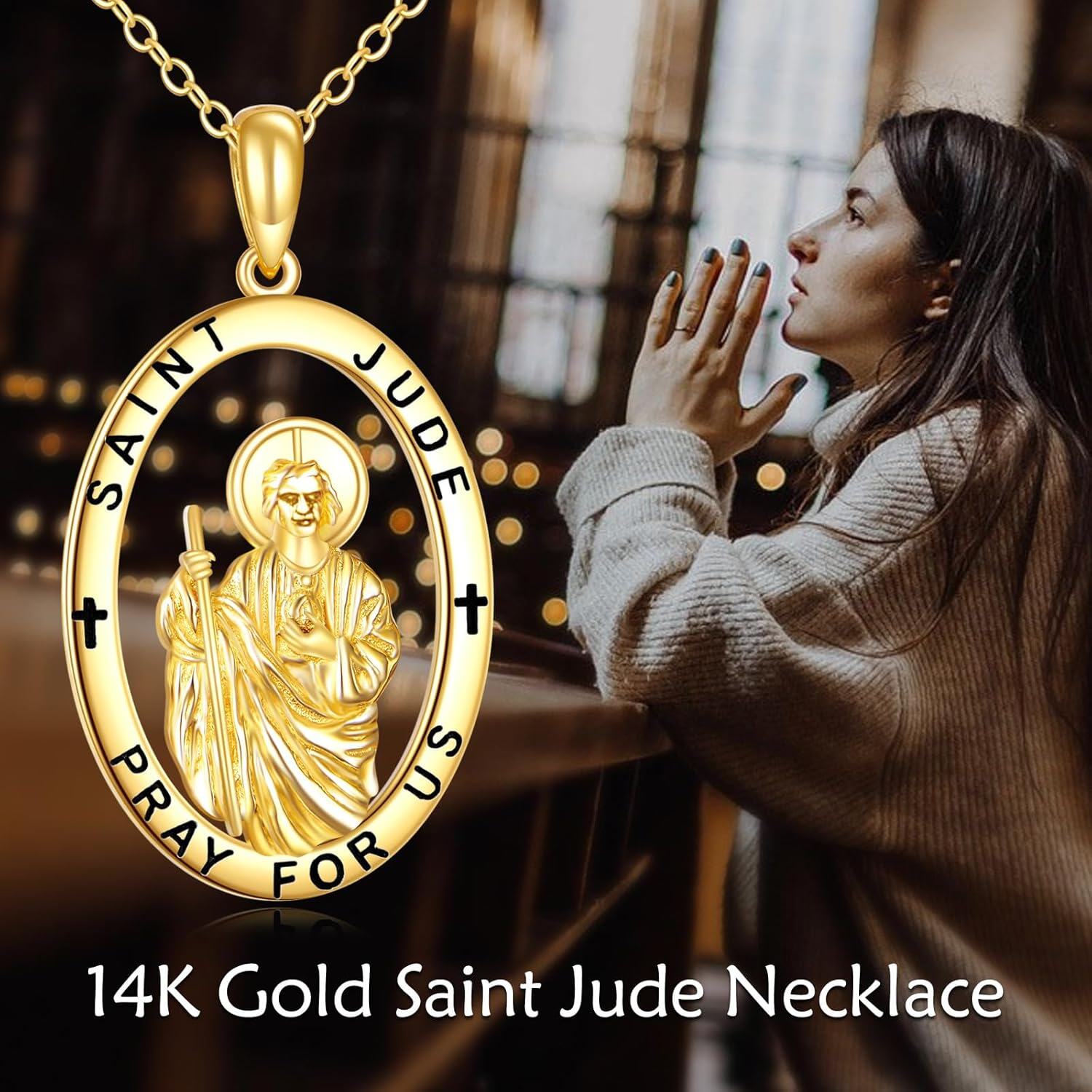  14K Gold St Michael Jesus Virgin Mary Pendant Religious Jewelry Gift -0-3