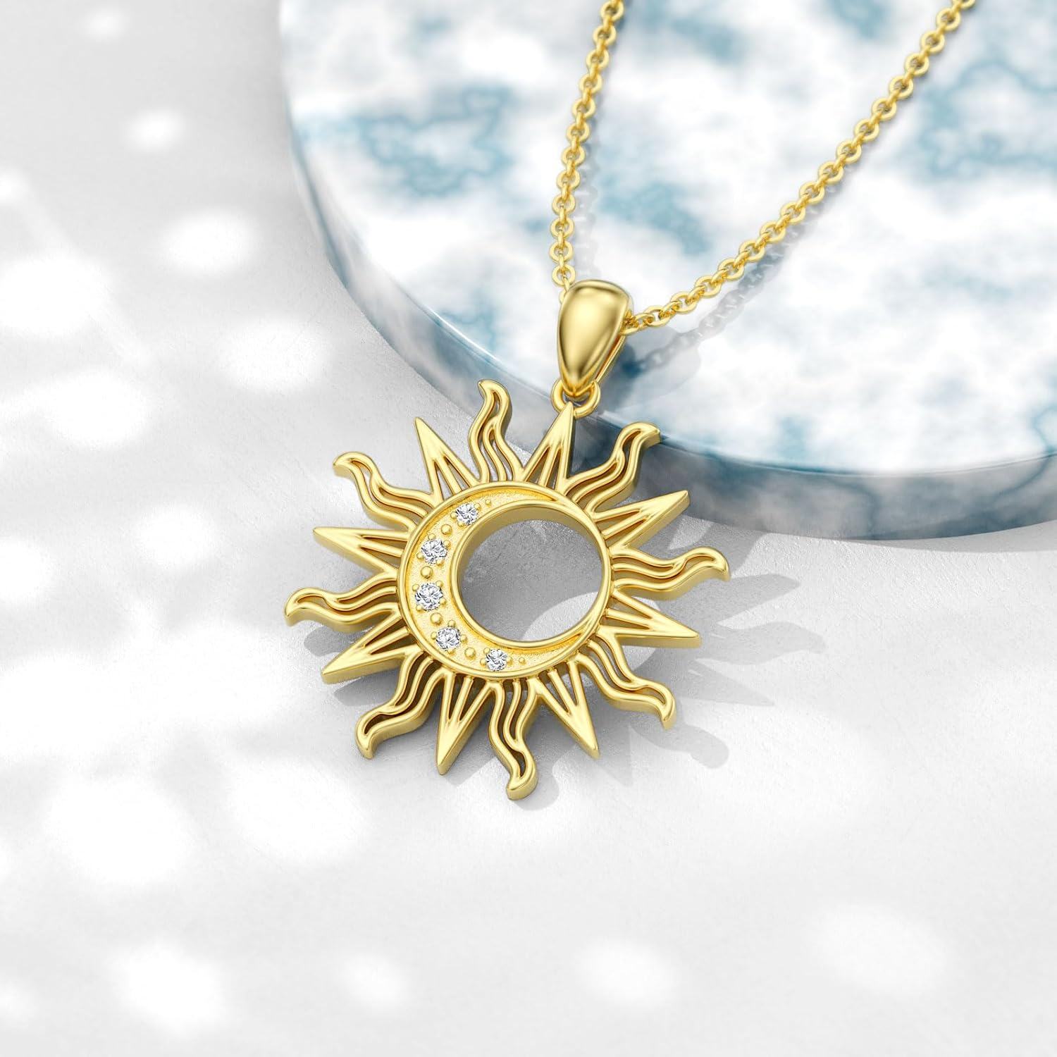 wholesale Gold 925 Sterling Silver Lab-Grown Cubic Zirconia Sun Pendant Necklace for Women-0-4