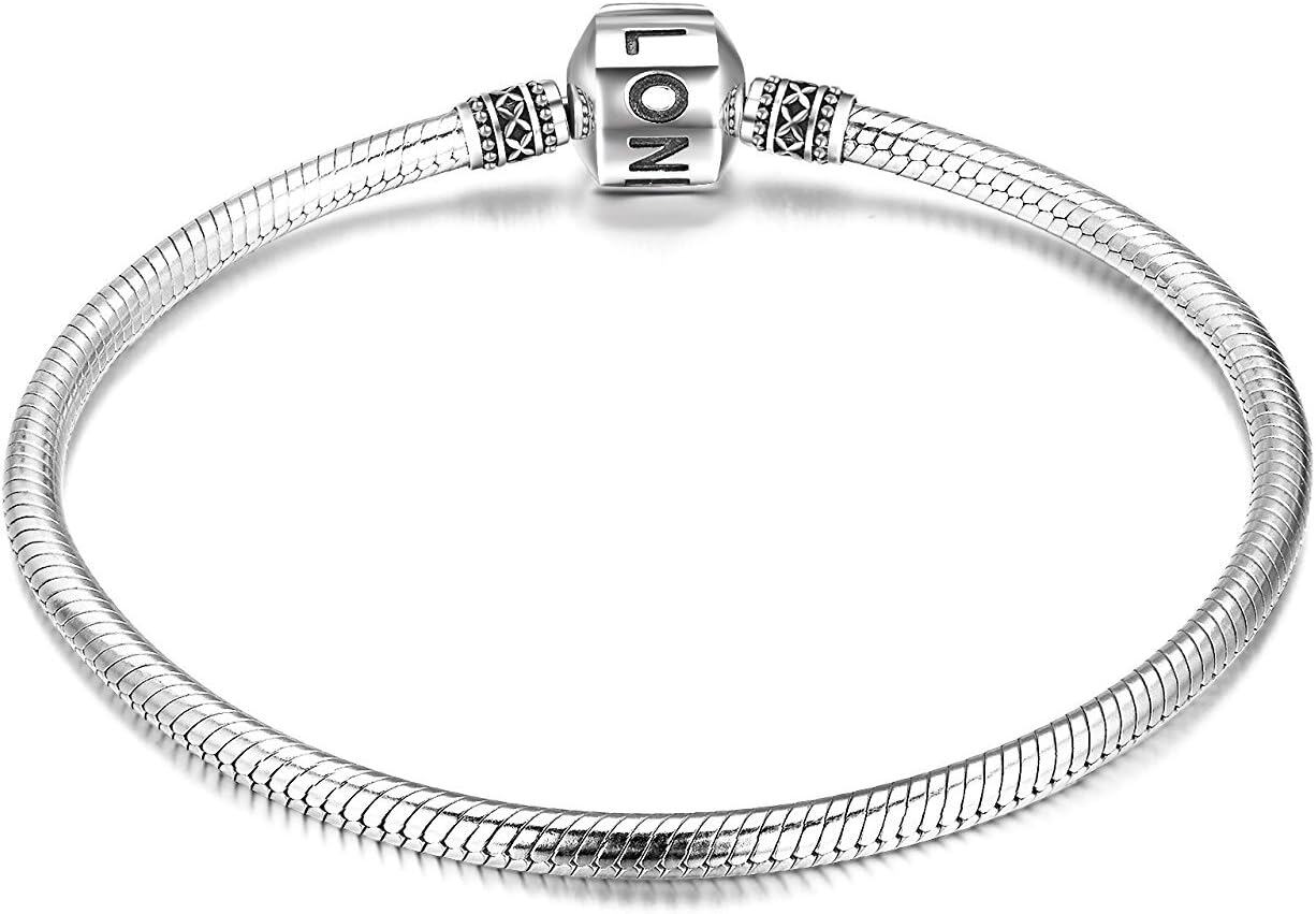 925 Sterling Silver Snake Chain Charm Bracelet with Barrel Clasp - Birthday Gift for Women-0-0