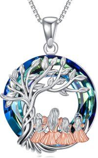 wholesale 925 Sterling Silver Blue Crystal Family Tree Pendant Necklaces for Mom Dad Daughter Son-Mom&3 Daughters