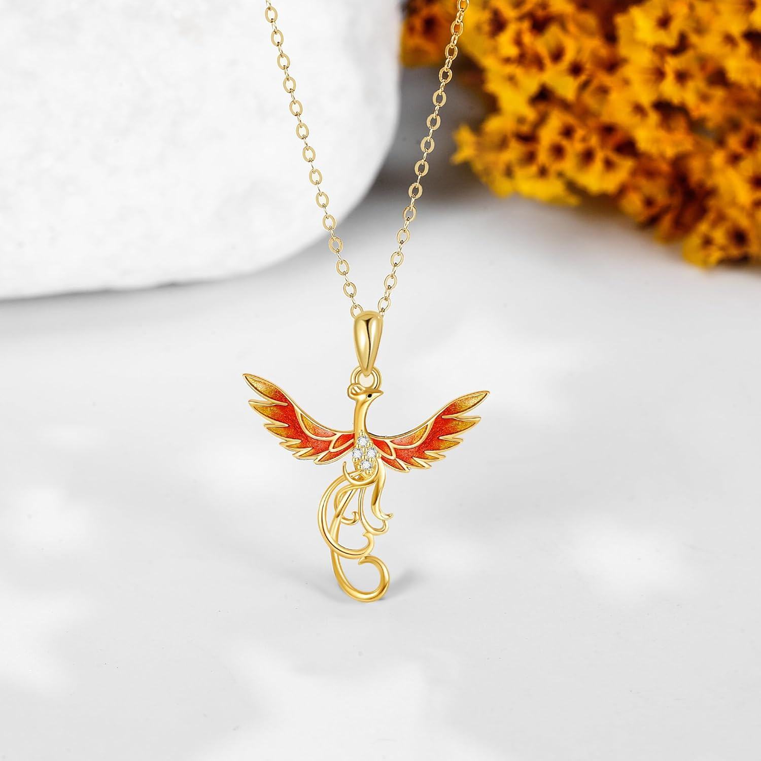 14K Gold Stone Phoenix Necklace Solid 14K Yellow Gold Nirvana Bird Jewelry Gift for Women-0-4
