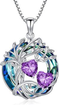 wholesale 18K White Gold Filled Sterling Silver Family Tree Pendant with 2 Heart Birthstones Blue Austrian Crystal Necklace for Women-02-02-Feb-Feb Birthstone
