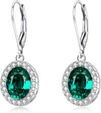 wholesale Sterling Silver Austrian Crystal Oval Halo Leverback Dangle Earrings Hypoallergenic Fine Jewelry Gifts for Women-C - Green(Simulated Emerald)
