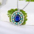 wholesale 925 Sterling Silver White Gold Plated Oval Sapphire & Emerald Halo Pendant Necklace-0-1