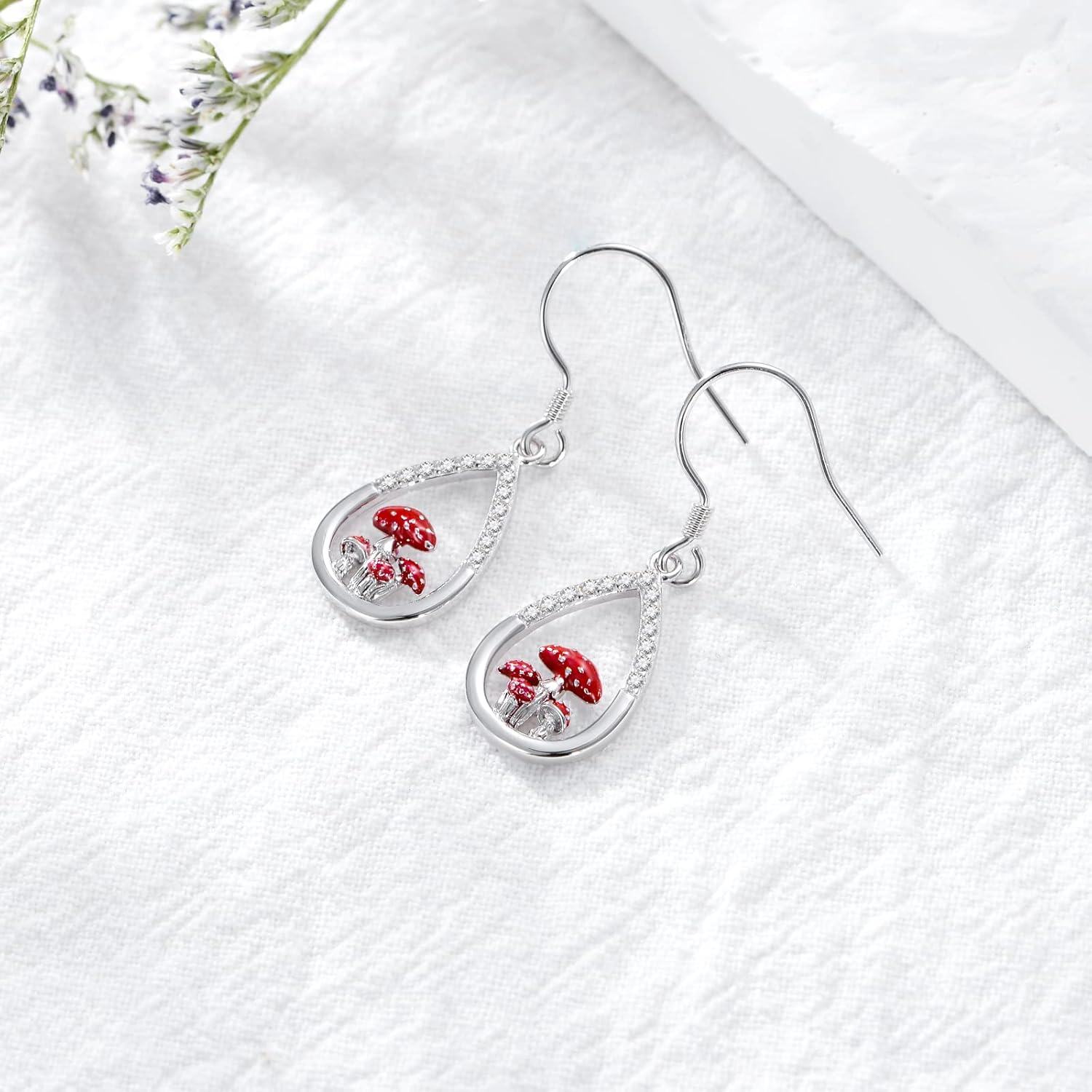 wholesale 925 Sterling Silver Red Enamel Mushroom Drop Earrings-0-4