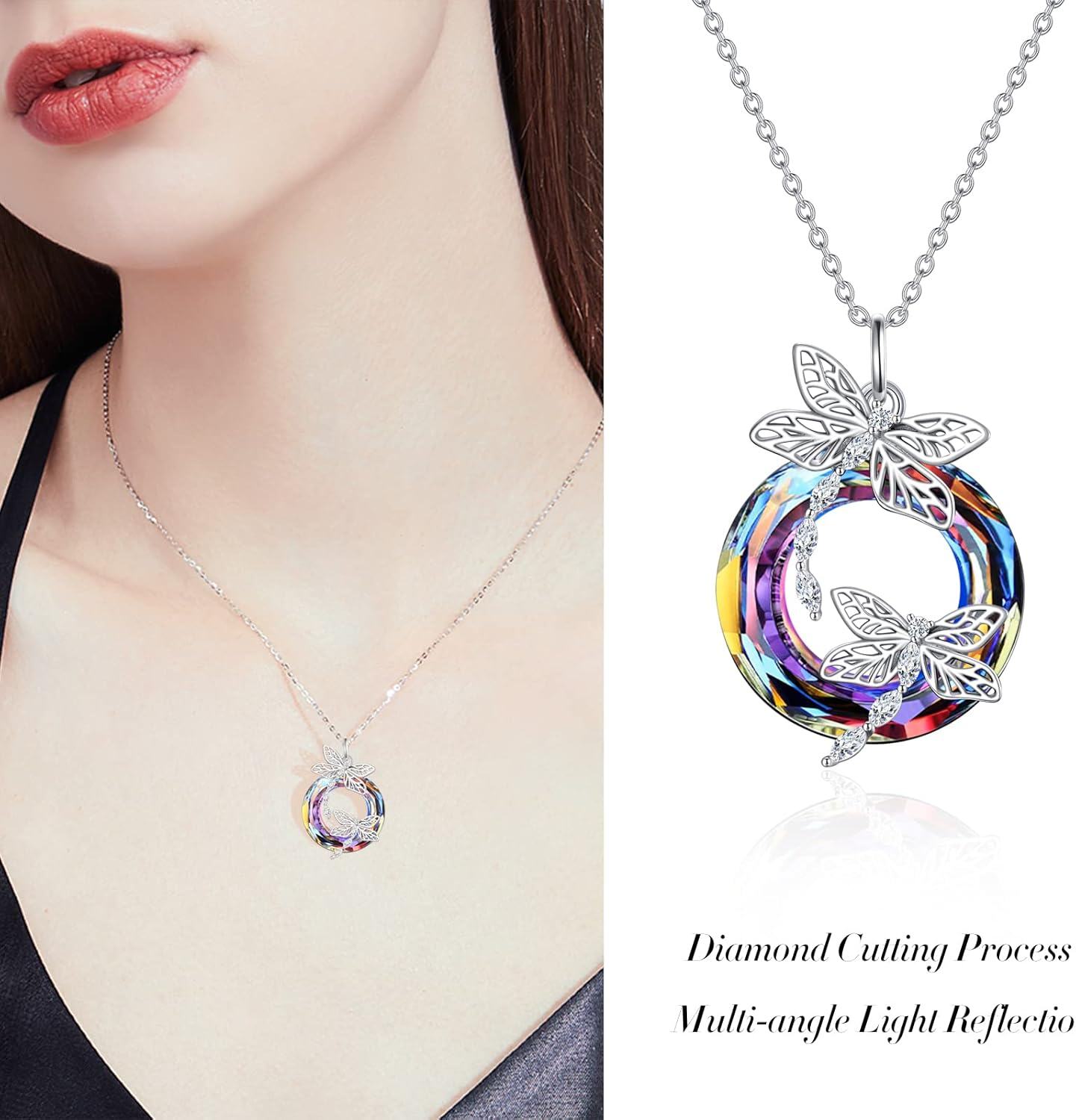 925 Sterling Silver Rainbow Crystal Butterfly Pendant Necklace for Women-0-3