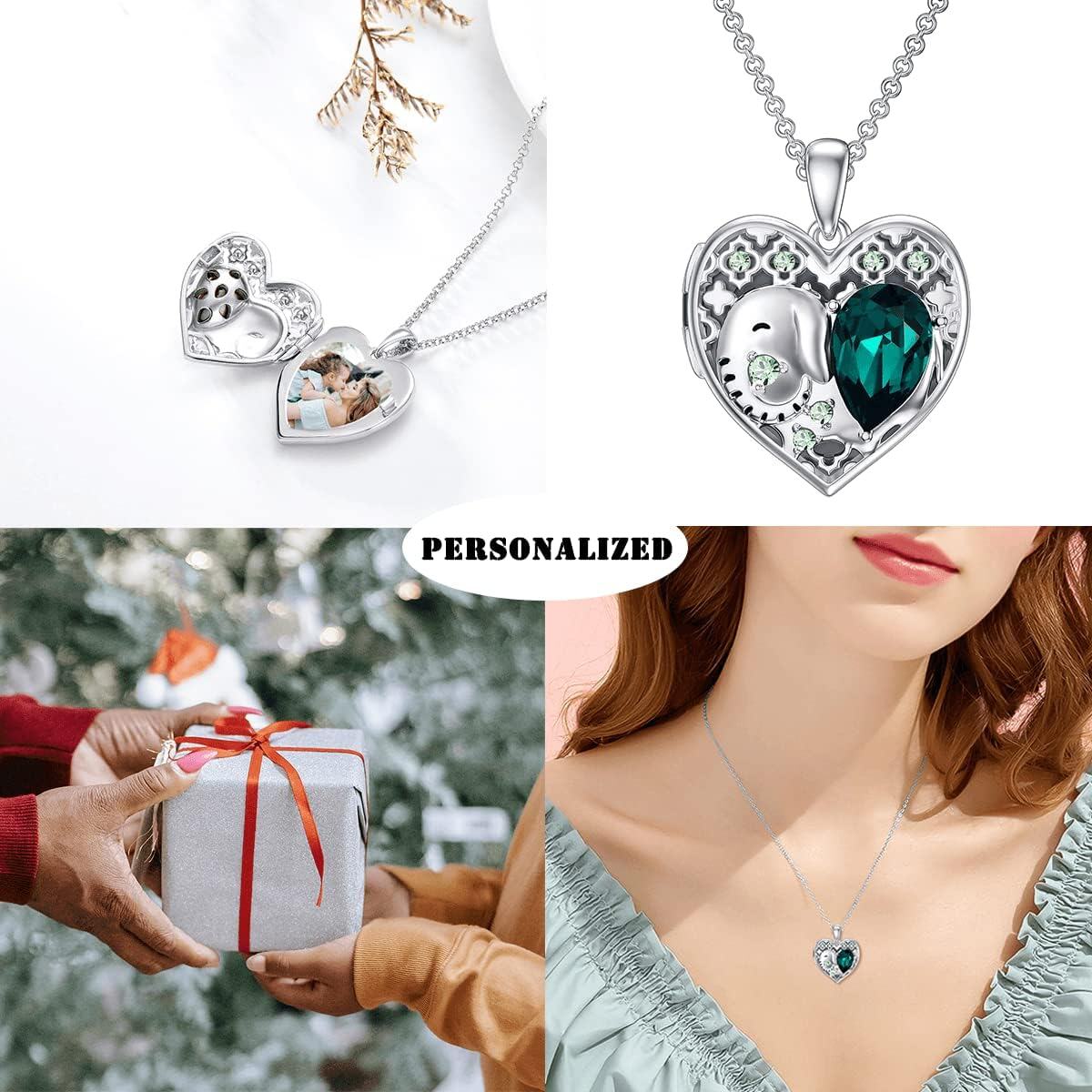 wholesale 925 Sterling Silver 925 Emerald Green Crystal Elephant Heart Photo Locket Pendant Necklace for Women and Girls-0-4