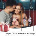 wholesale 925 Sterling Silver Pink Heart Angel Wing Threader Drop Earrings with Black CZ Accents and White Cubic Zirconia Stones-0-4