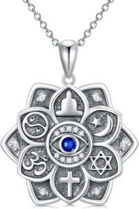 wholesale 925 Sterling Silver Metal Spiritual Necklace with Blue Evil Eye and Lotus Design-Evil Eye Lotus