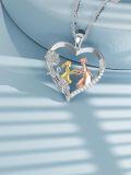 wholesale 925 Sterling Silver Heart-Shaped Mother Daughter Rose Gold Plated Pendant Necklace with Chain - 3D Engraved Mom and Child Design  for Her (Gold)-0-4