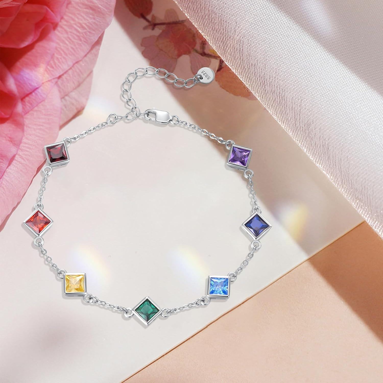 wholesale 925 Sterling Silver Square Multi-Color Stones 7 Chakras Yoga Bracelet for Women Wife Girlfriend-0-4