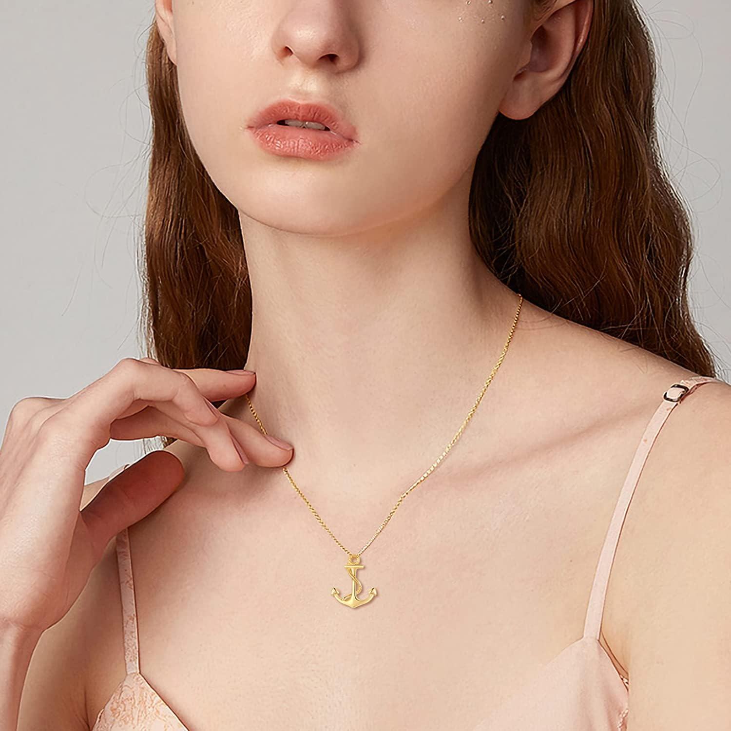 14K Gold Nautical Rope Anchor Pendant Necklace for Women 16+1+1 Inch-0-3