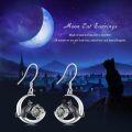 wholesale 925 Sterling Silver Moon & Moss Agate Black Cat Dangle Earrings for Women-0-5