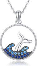 wholesale 925 Sterling Silver Whale Tail with Blue Crystal Wave Ocean Pendant Necklace-0-0