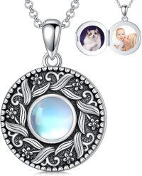 wholesale 925 Sterling Silver Round Moonstone & Opal Vintage Filigree Flower Picture Frame Pendant Necklaces Gifts for Women-Moonstone
