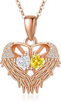 wholesale Sterling Silver 2 Birthstones Angel Wings Necklace for Women-04-11-Apr-Nov