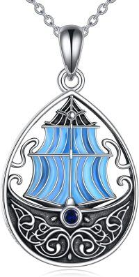 wholesale 925 Sterling Silver Ship Pendant Necklace with Blue Enamel and Sapphire Stone - Nautical Ocean Jewelry for Women-Nautical Necklace