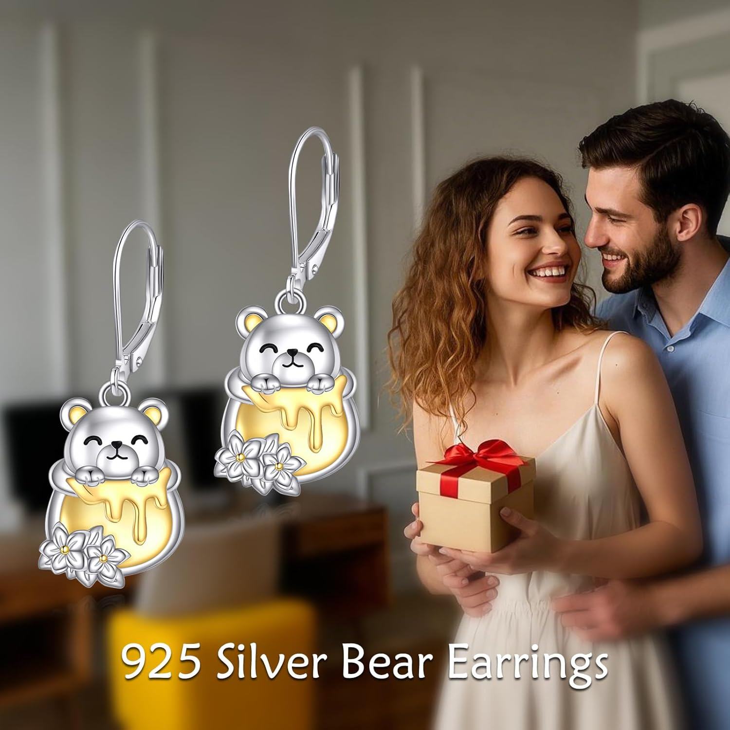 wholesale 925 Sterling Silver Bear Dangle Earrings with Honeycomb and Flowers s for Women-0-2