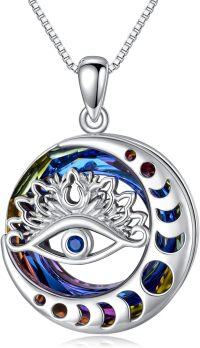 wholesale 925 Sterling Silver Evil Eye Star of David Pendant with Rainbow Crystal and Moon Phase Design Chain Necklace for Women Girls  45cm Length-Moon Phase Evil Eye Necklace