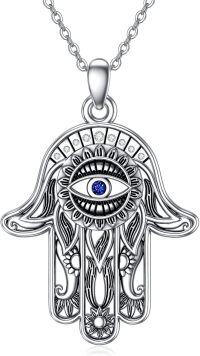 wholesale 925 Sterling Silver Blue Sapphire Evil Eye Hamsa Hand Pendant Necklace with Floral Design-01-Hamsa Evil Eye