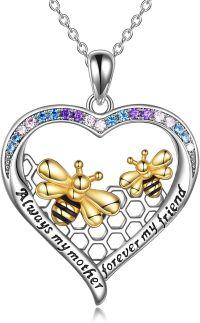wholesale 925 Sterling Silver Gold-Plated Bee & Cubic Zirconia Heart Pendant Necklace - Mother & Baby Bee Design - Hypoallergenic Jewelry Gift for Women-01-bee and honeycomb