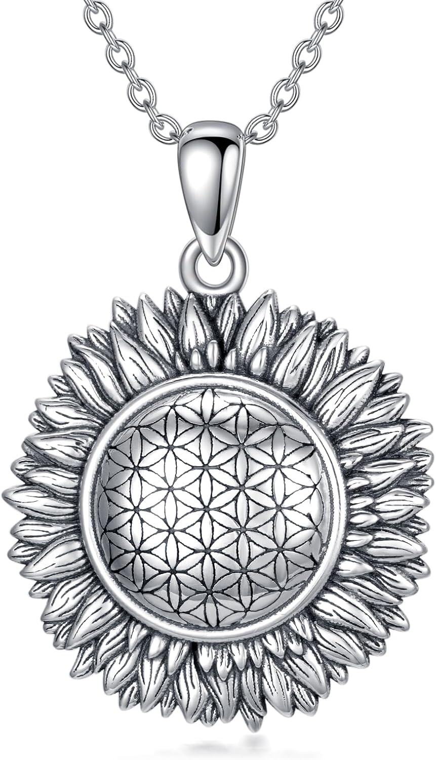 Sterling Silver Flower Necklace (Sunflower Lily Daffodil Lotus Daisy Rose Hibiscus Lavender Scottish Thistle Forget Me Not) Flower of Life Jewelry Gifts for Women-0-0