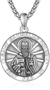 wholesale Sterling Silver Patron Saint Medal Amulet Necklace for Men 2 5mm 22 +2 Chain-A23-Saint Maximilian Kolbe