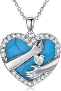 wholesale 925 Sterling Silver Heart Turquoise & Cubic Zirconia Pendant Necklaces for Mothers Fathers Daughters Brothers Birthdays Graduations Gift Ideas-Hug