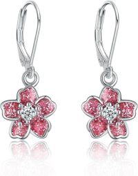 wholesale 925 Sterling Silver Pink Flower Drop Earrings with Leverbacks-Cherry Blossom Earrings
