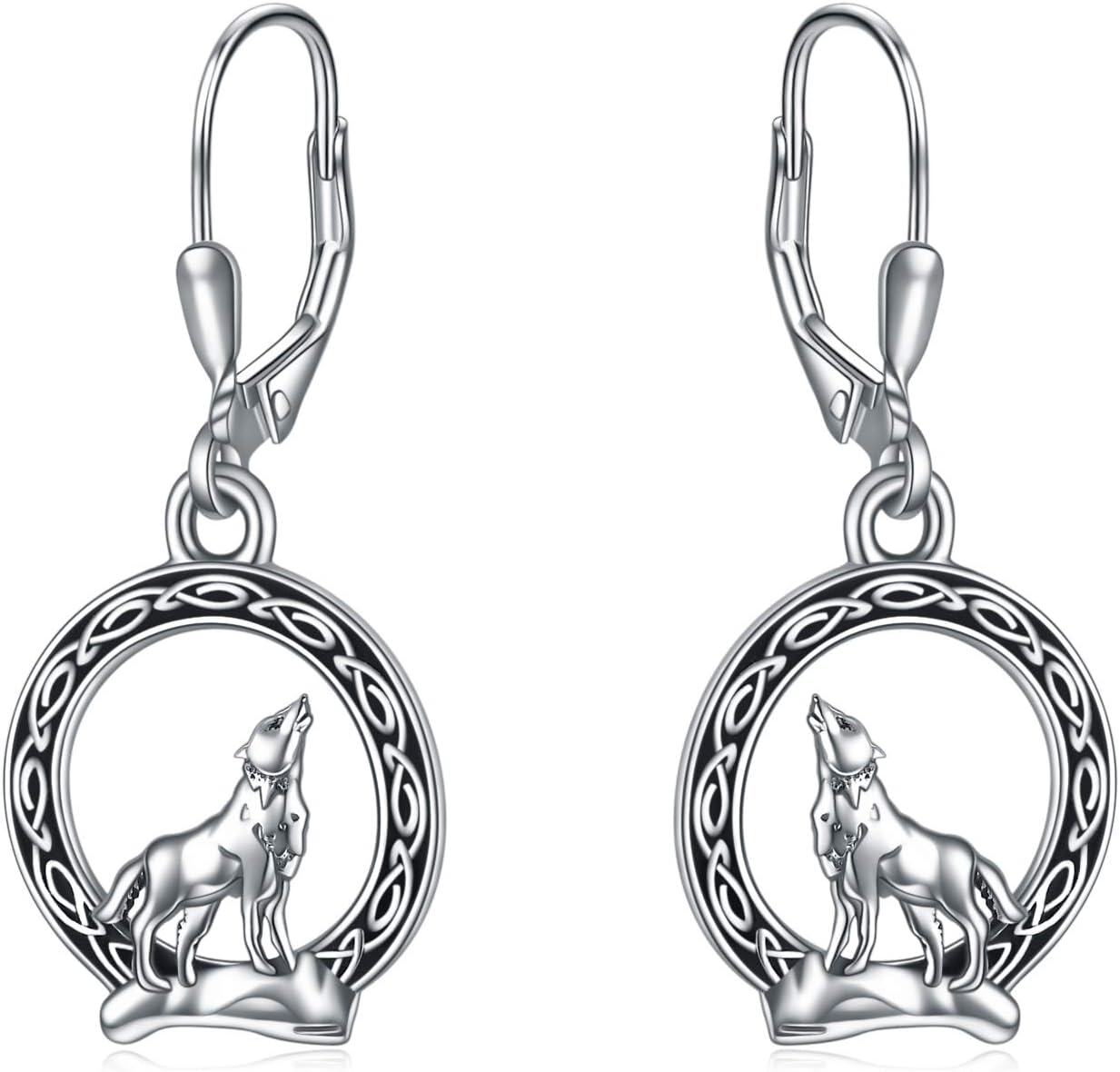 Sterling Silver Moon Stone Norse Celtic Wolf Dangle Drop Earrings-Wolf Earrings