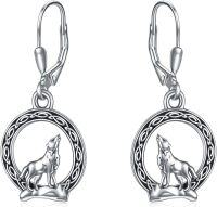wholesale 925 Sterling Silver Howling Wolf on Rock with Celtic Knots Moonstone Dangle Earrings for Women-Wolf Earrings