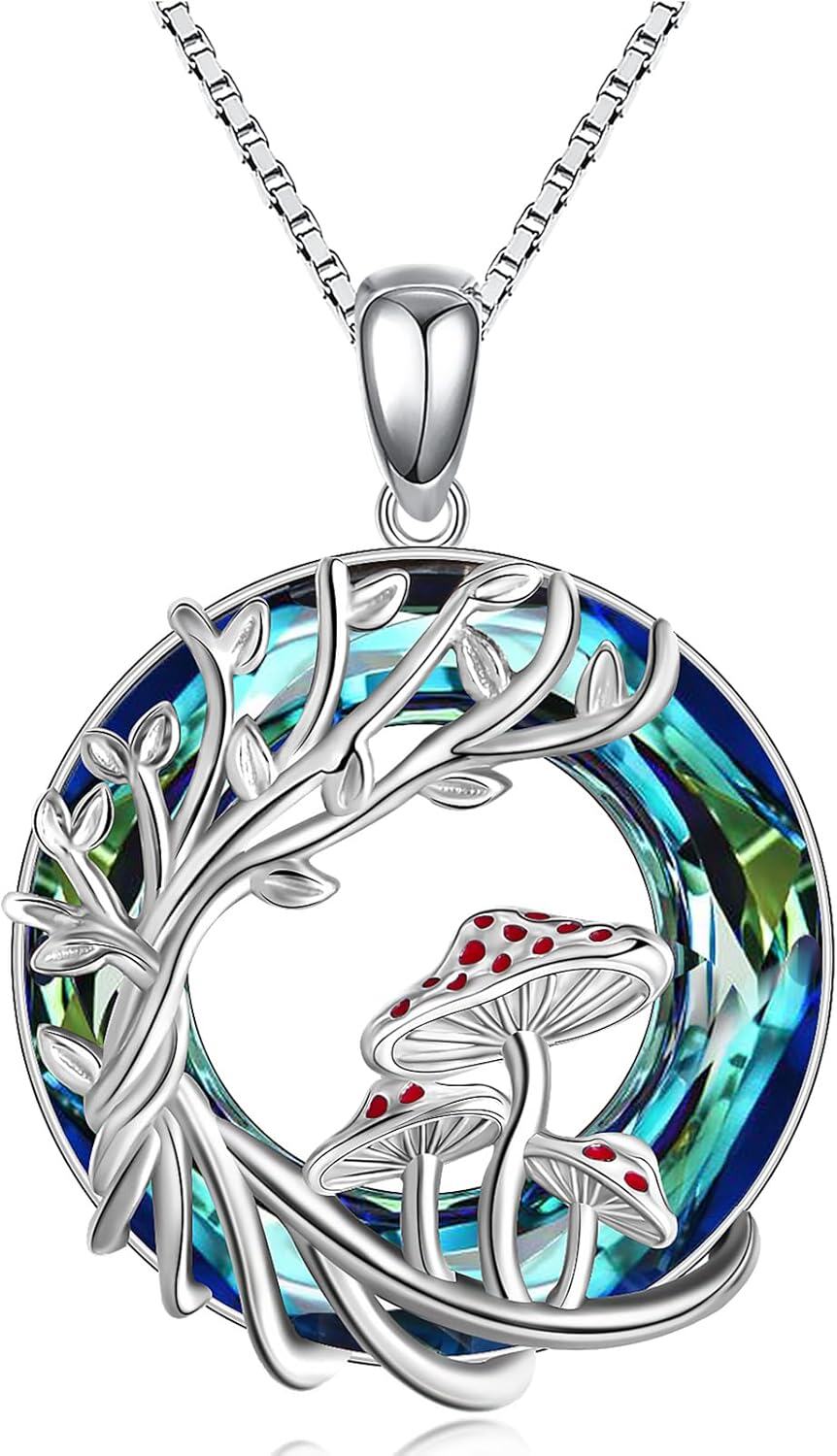  Sterling Silver Crystal Mushroom Tree of Life Pendant Necklace -0-1