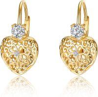 wholesale 925 Sterling Silver Gold Plated Heart-Shaped Flower Pattern Drop Dangle Hook Studs Earrings  for Women Girls 3CM Length-Heart Clover Earrings