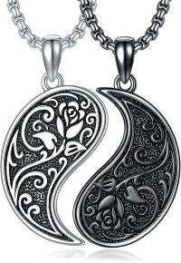 wholesale 925 Sterling Silver Yin Yang Pendant with Floral Design Couples Necklaces Matching Set for Women Men-A03-Flower