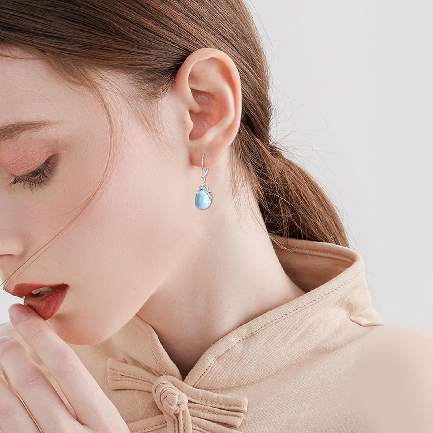 wholesale 925 Sterling Silver Blue Larimar Stone Drop Earring with White Crystal Accents-0-1