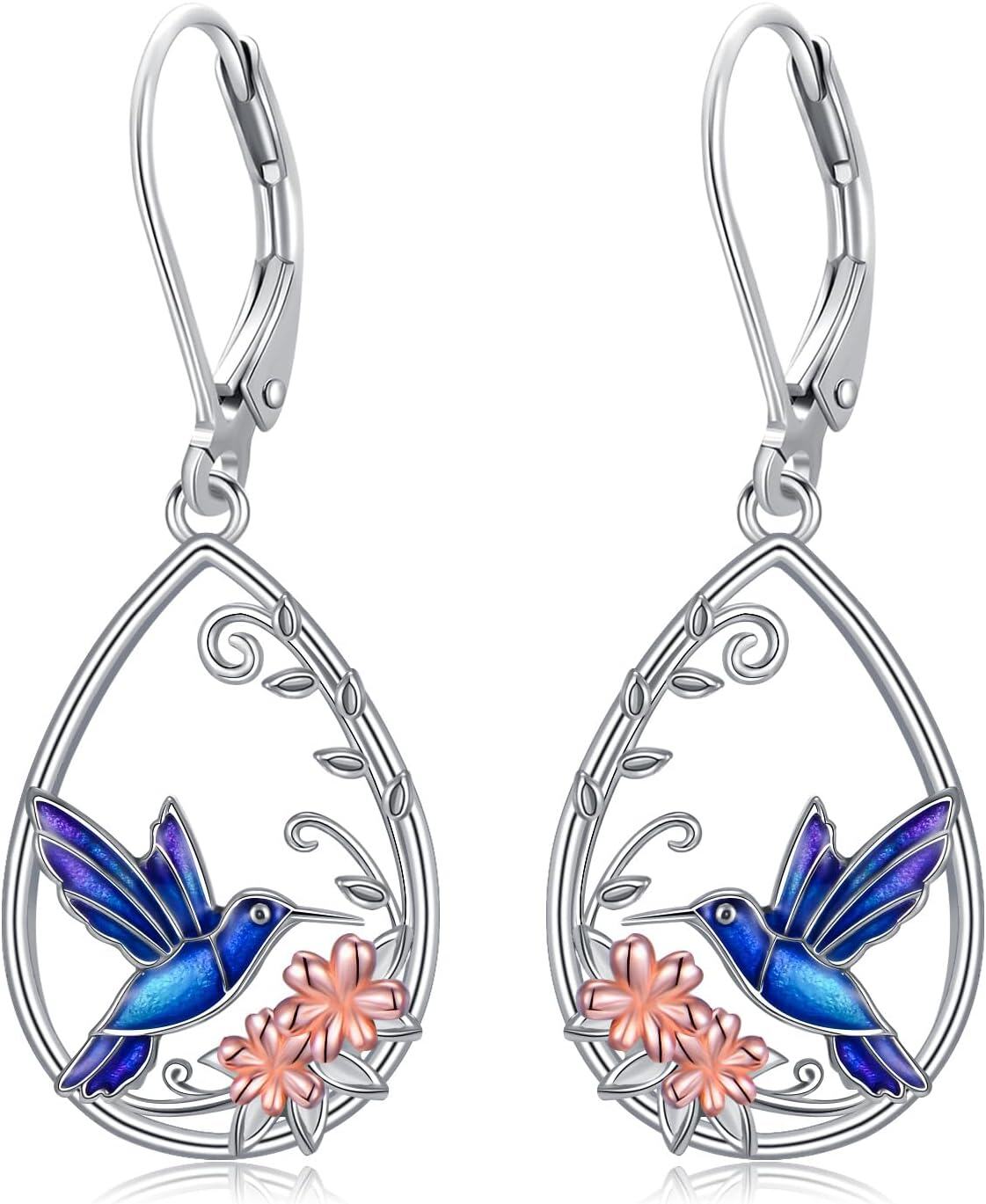 Sterling Silver Snowflake Daisies Sunflower Comedy Tragedy Mask Opera Mask Hummingbird Black Cat Dangle Earrings for Women-Hummingbird-2
