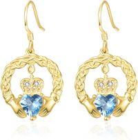 wholesale 18K Gold Plated 925 Sterling Silver Claddagh Birthstone Earrings for Women Irish Celtic Jewelry Gifts-12-December-Lab Created Blue Topaz