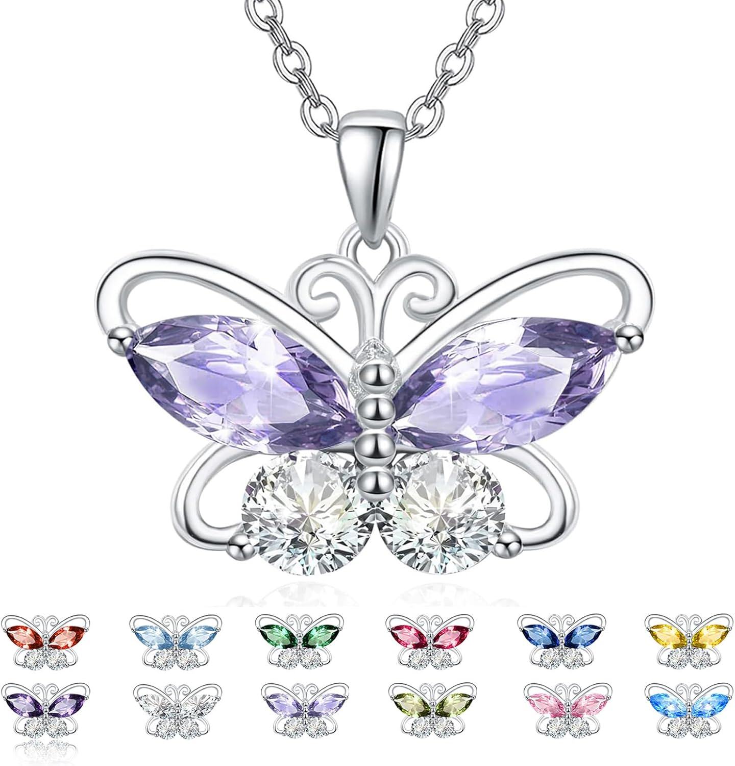 Sterling Silver Cubic Zirconia 12 Birthstone Butterfly Pendant Necklace-06-Jun.