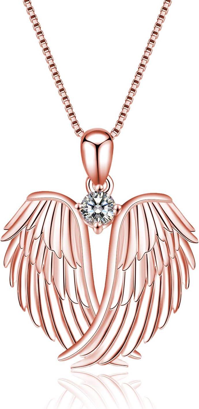 Sterling Silver Birthstone Angel Wings Pendant Necklace-rose gold plated