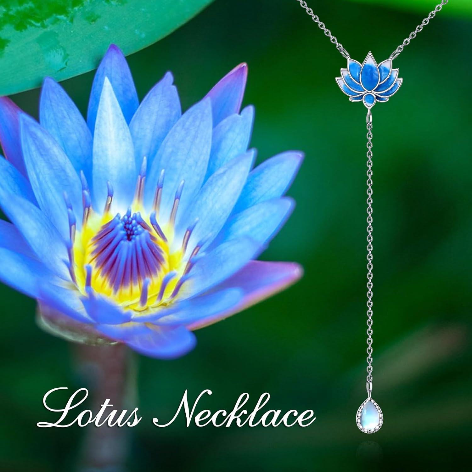 925 Sterling Silver Blue Moonstone Lotus Pendant Chain Necklace s for Her-0-5