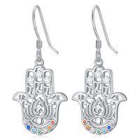 wholesale 925 Sterling Silver Hamsa Hand Evil Eye Drop Earrings Multicolor Zircon Platinum Plated Jewelry-Chakra