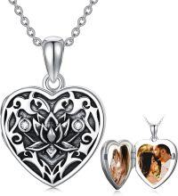 wholesale 925 Sterling Silver Oxidized Heart Shaped Photo Locket Pendant Necklace for Women and Moms-Lotus Locket+Photo-Lotus