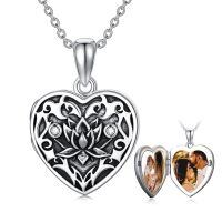wholesale 925 Sterling Silver Heart Lotus Locket Necklace Oxidized Cubic Zirconia Photo Pendant-Lotus Locket+Photo-Lotus