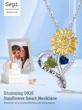 wholesale S925 Sterling Silver with Peridot & Sapphire Sunflower Birthstone Pendant Necklace, Love Gift for Women, 18 Chain-0-4