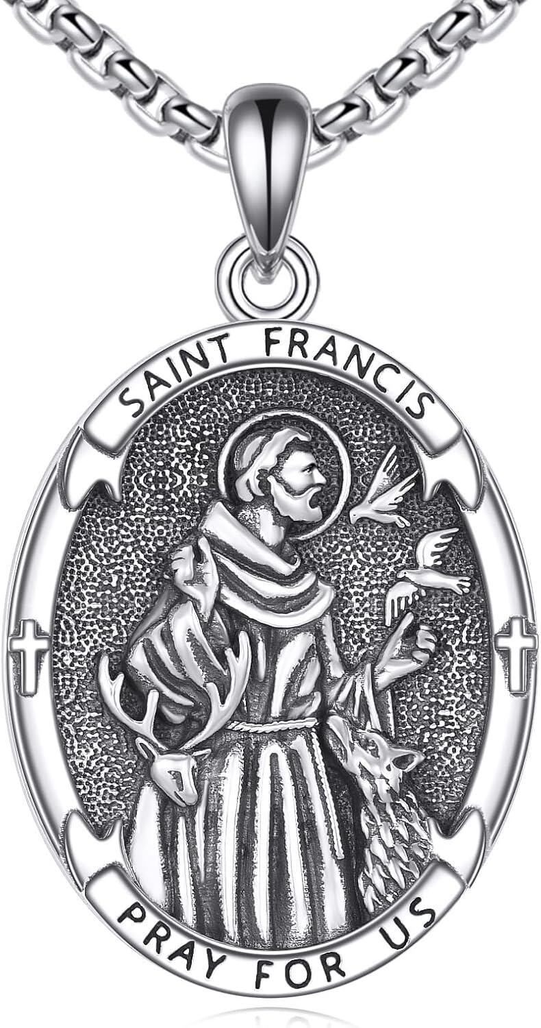 wholesale 925 Sterling Silver St Francis Medal Prayer Pendant Necklace for Men & Women-0-0