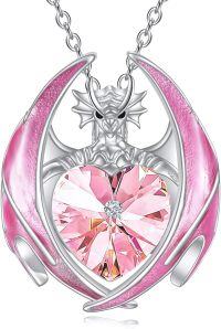 wholesale 925 Sterling Silver Crystal Dragon Necklace with Heart Birthstone Pendant-10-Oct