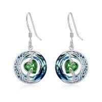 wholesale 925 Sterling Silver Purple Heart & Blue Swarovski Crystals Round Drop Earrings for Women-05-May-Emerald