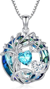 wholesale 18K White Gold Filled Sterling Silver Family Tree Pendant with 2 Heart Birthstones Blue Austrian Crystal Necklace for Women-03-04-Mar-Apr Birthstone