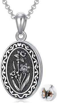 wholesale Sterling Silver 12 Month Birth Flower Photo Locket Necklace Jewelry Gift -03-March-Daffodil-03-March-Daffodil-p-2.text customized-3.photo&text customized-1.no custom-03-March-Daffodil-text