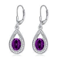 wholesale 925 Sterling Silver 3 ct Moissanite D VVS Tear Drop Halo Leverback Earrings-Simulated Amethyst